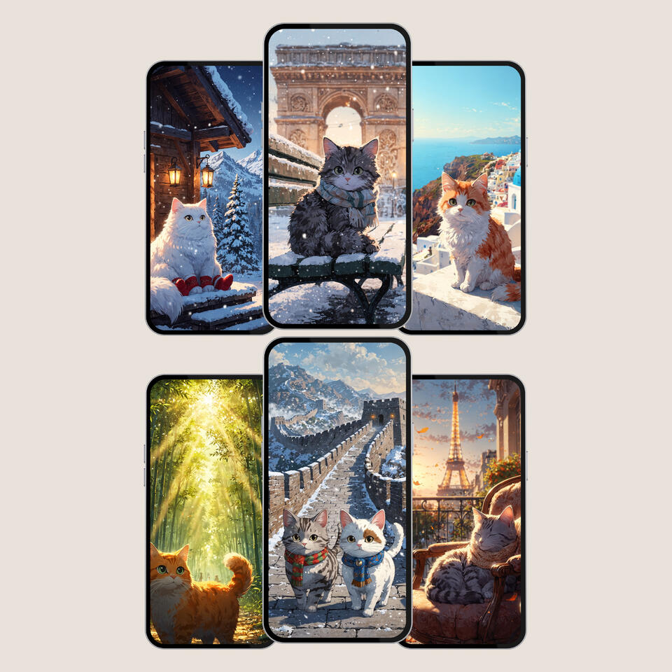 Cats Wallpaper Pack (7 Images) Flat Anime Style Seasonal & Landmark 9:16 Mobile Wallpapers