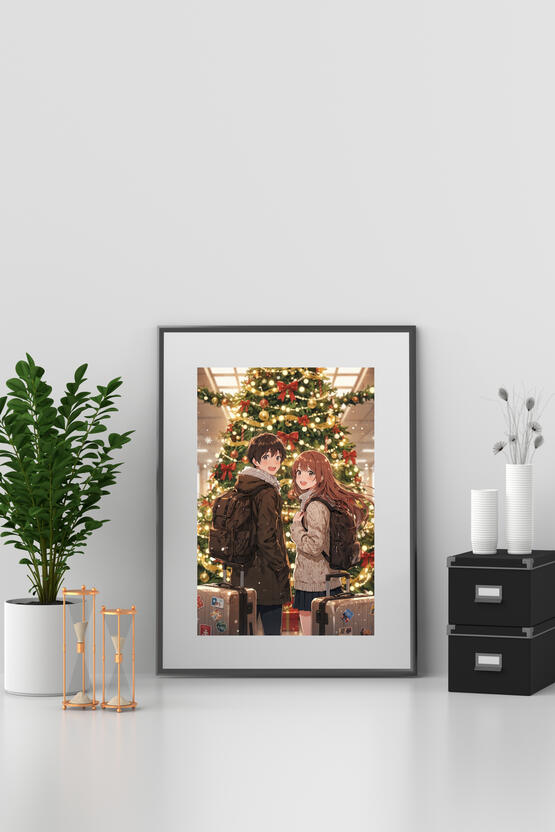 Anime Couple Christmas Travel Adventure Holiday Airport Journey Art Framed Art Print