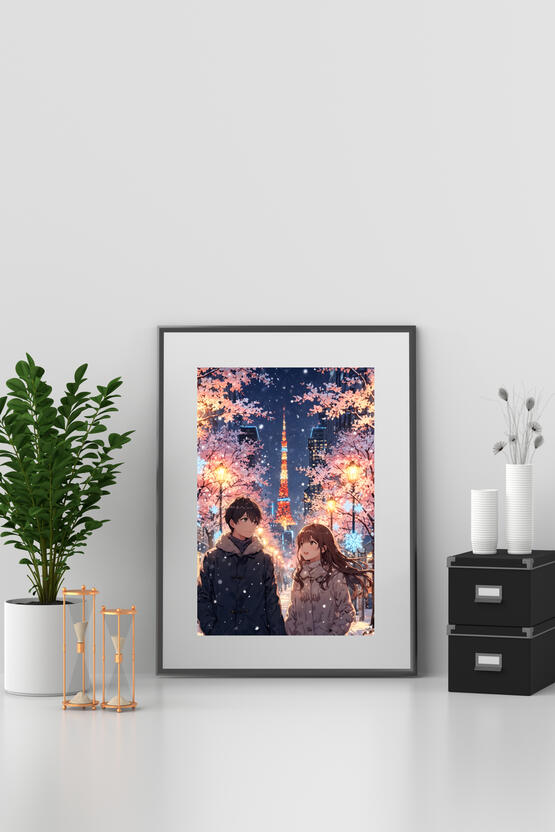 Romantic Anime Couple in Snowy Tokyo Christmas Night Scene Framed Art Print